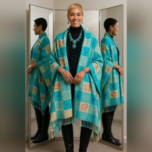 Boho Embroidery Wool Artisy Floral Fringe Shawl Wrap Blanket Pashmina